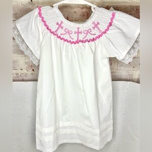 Smocked Bishop Dress Toddler size 2–3Y White Pink Embroidered Cross Church